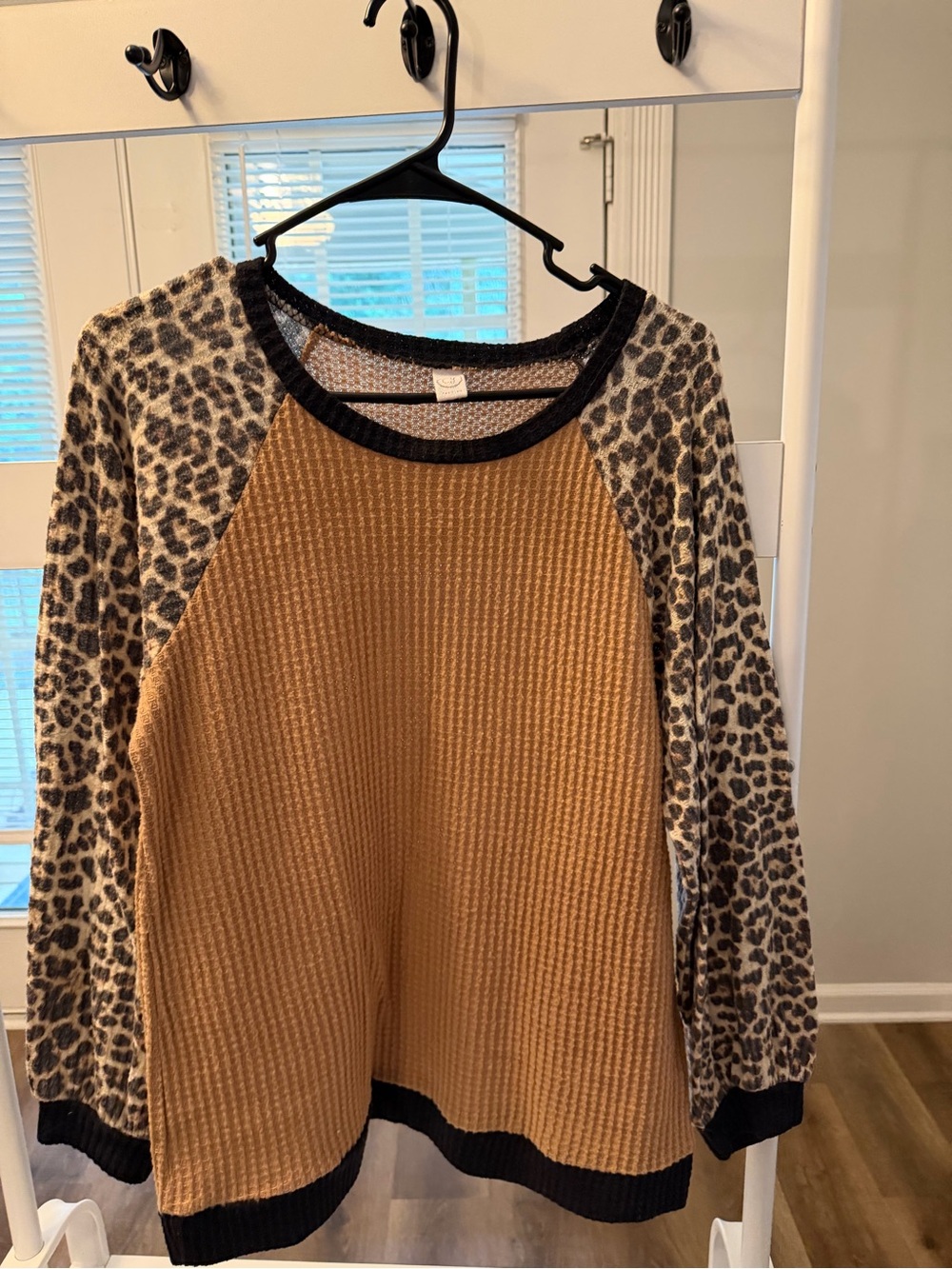 Leopard Sleeve Waffle Knit top - Camel & Black